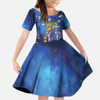 Japan Obon Festival Family Matching Long Sleeve Bodycon Dress and Hawaiian Shirt Sakura Lanterns With Bon Dance LT14 Daughter's Dress Blue - Polynesian Pride