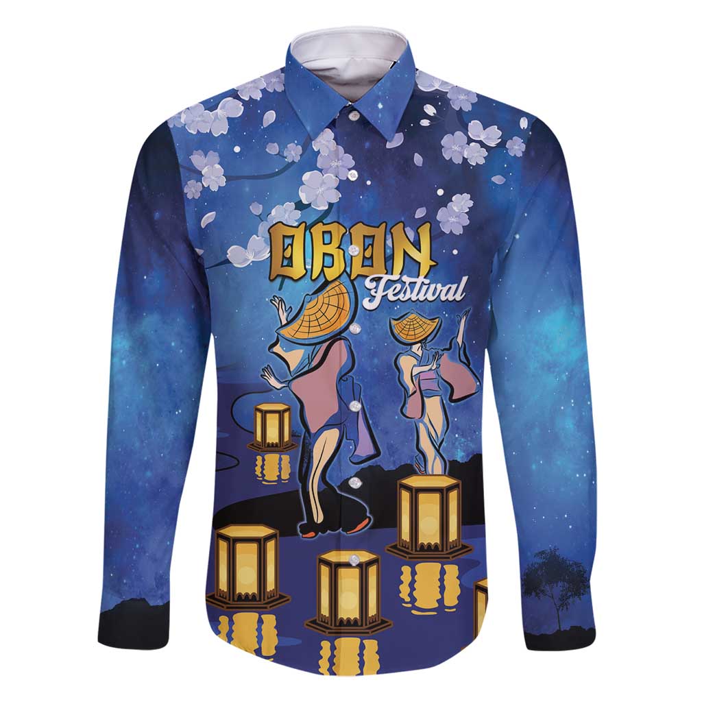 Japan Obon Festival Family Matching Long Sleeve Bodycon Dress and Hawaiian Shirt Sakura Lanterns With Bon Dance LT14 Dad's Shirt - Long Sleeve Blue - Polynesian Pride