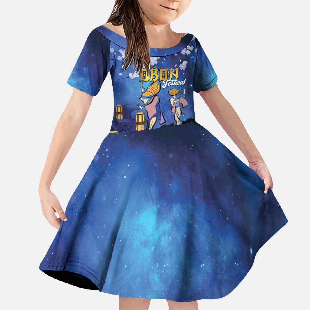 Japan Obon Festival Family Matching Mermaid Dress and Hawaiian Shirt Sakura Lanterns With Bon Dance LT14 Daughter's Dress Blue - Polynesian Pride
