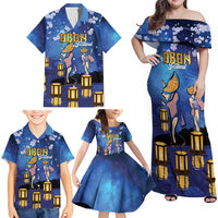 Japan Obon Festival Family Matching Off Shoulder Maxi Dress and Hawaiian Shirt Sakura Lanterns With Bon Dance - Polynesian Pride