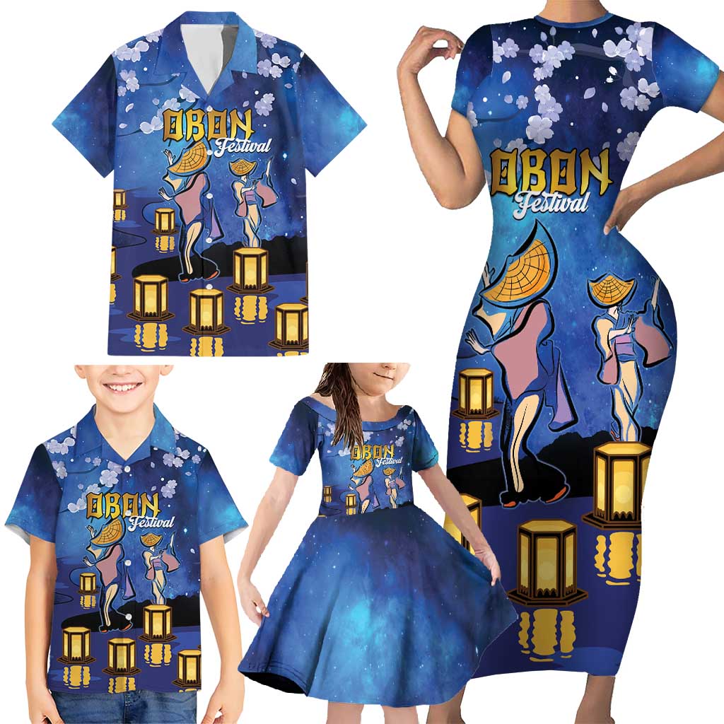 Japan Obon Festival Family Matching Short Sleeve Bodycon Dress and Hawaiian Shirt Sakura Lanterns With Bon Dance - Polynesian Pride