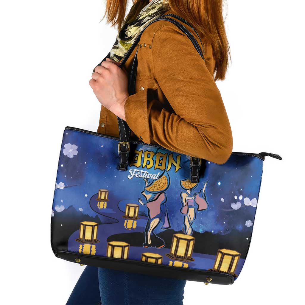Japan Obon Festival Leather Tote Bag Sakura Lanterns With Bon Dance LT14 Blue - Polynesian Pride