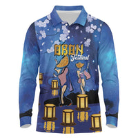 Japan Obon Festival Long Sleeve Polo Shirt Sakura Lanterns With Bon Dance LT14 Blue - Polynesian Pride
