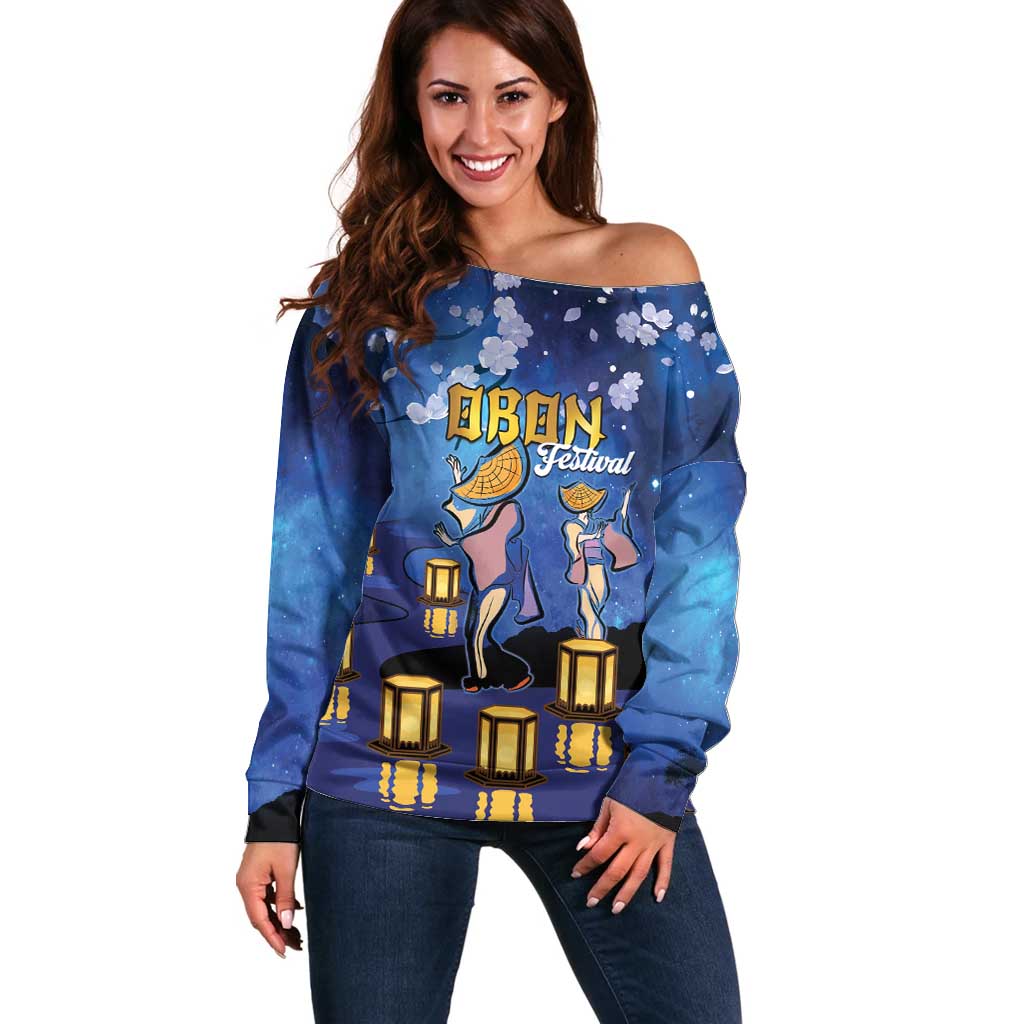 Japan Obon Festival Off Shoulder Sweater Sakura Lanterns With Bon Dance - Polynesian Pride