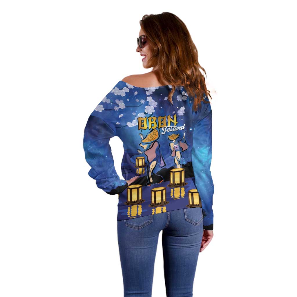Japan Obon Festival Off Shoulder Sweater Sakura Lanterns With Bon Dance - Polynesian Pride