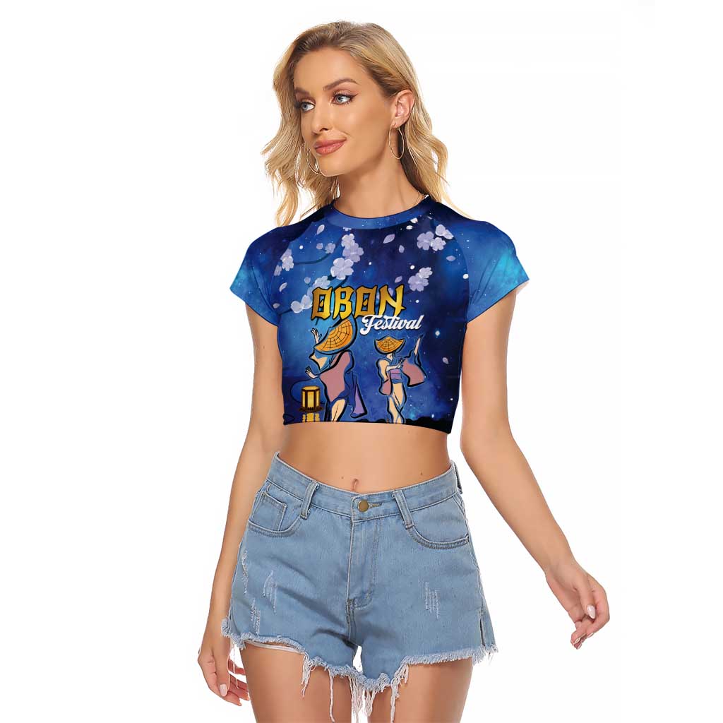 Japan Obon Festival Raglan Cropped T Shirt Sakura Lanterns With Bon Dance LT14 Female Blue - Polynesian Pride