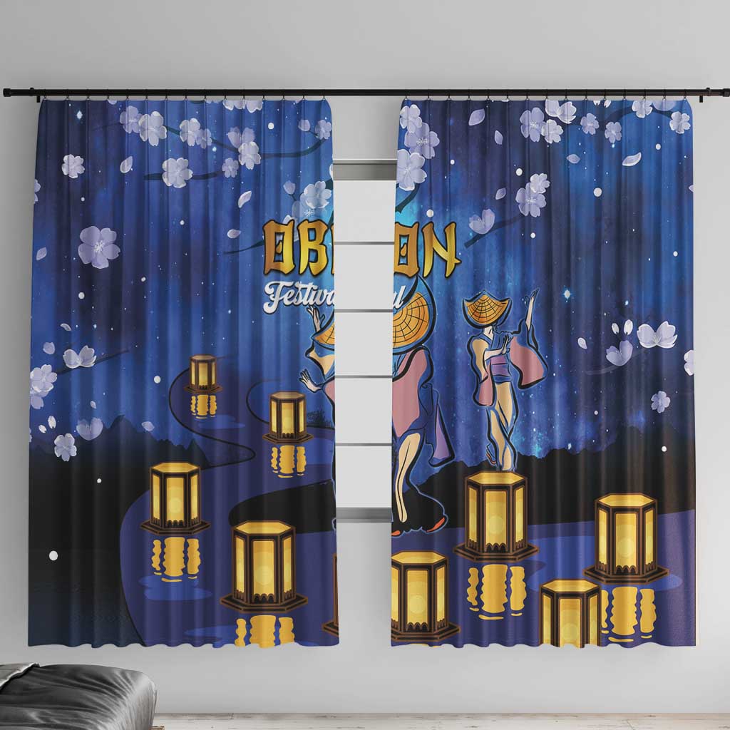 Japan Obon Festival Window Curtain Sakura Lanterns With Bon Dance LT14 With Hooks Blue - Polynesian Pride