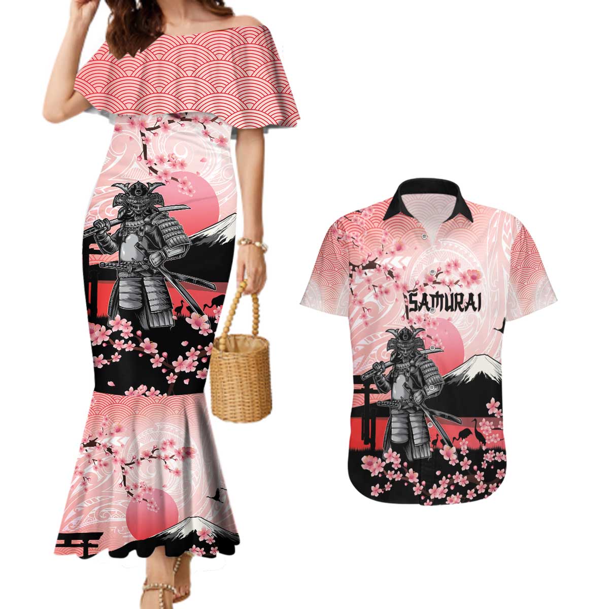 Personalised Japan Samurai Warrior Couples Matching Mermaid Dress and Hawaiian Shirt Japanese Cherry Blossom Polynesian Pattern - Polynesian Pride