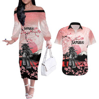 Personalised Japan Samurai Warrior Couples Matching Off The Shoulder Long Sleeve Dress and Hawaiian Shirt Japanese Cherry Blossom Polynesian Pattern - Polynesian Pride