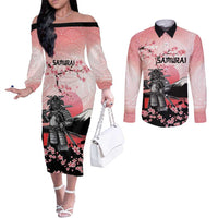 Personalised Japan Samurai Warrior Couples Matching Off The Shoulder Long Sleeve Dress and Long Sleeve Button Shirt Japanese Cherry Blossom Polynesian Pattern LT14 Pink - Polynesian Pride