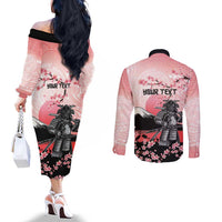 Personalised Japan Samurai Warrior Couples Matching Off The Shoulder Long Sleeve Dress and Long Sleeve Button Shirt Japanese Cherry Blossom Polynesian Pattern LT14 - Polynesian Pride