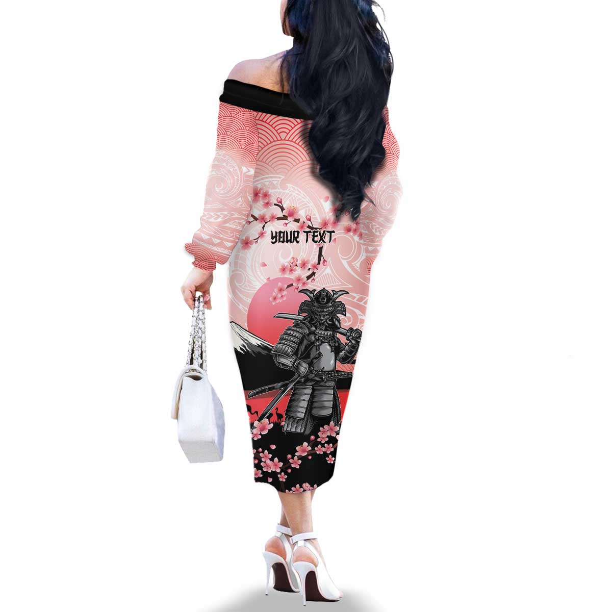 Personalised Japan Samurai Warrior Family Matching Off The Shoulder Long Sleeve Dress and Hawaiian Shirt Japanese Cherry Blossom Polynesian Pattern - Polynesian Pride