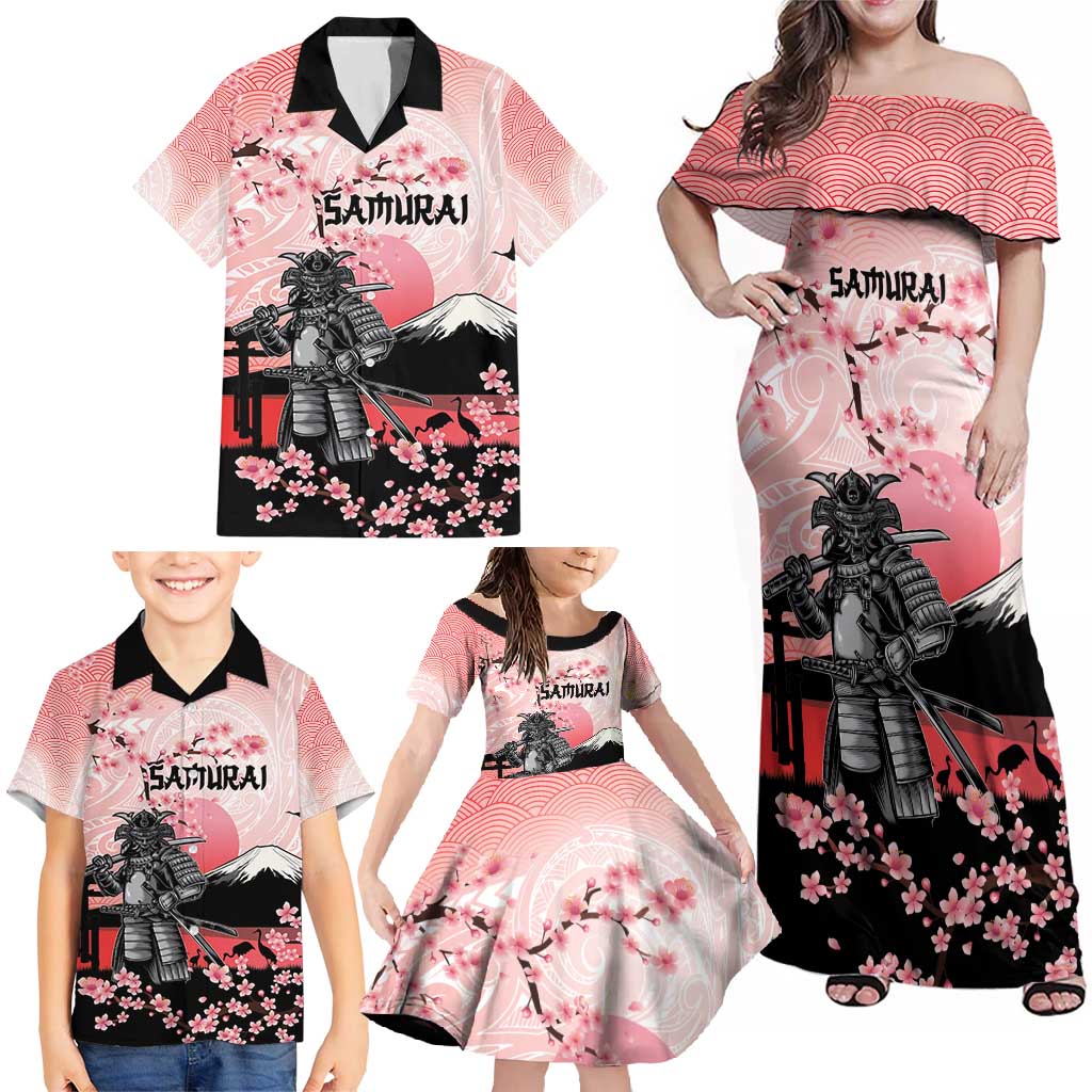 Personalised Japan Samurai Warrior Family Matching Off Shoulder Maxi Dress and Hawaiian Shirt Japanese Cherry Blossom Polynesian Pattern - Polynesian Pride