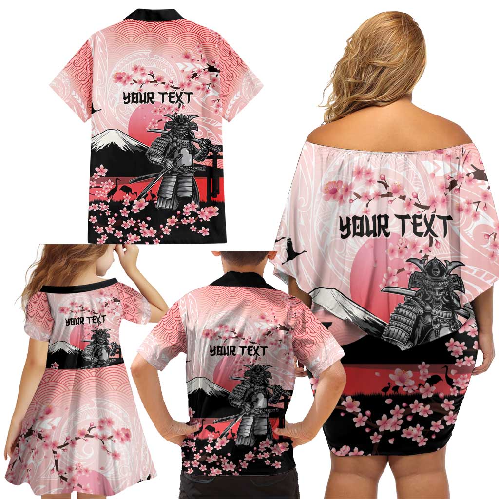 Personalised Japan Samurai Warrior Family Matching Off Shoulder Short Dress and Hawaiian Shirt Japanese Cherry Blossom Polynesian Pattern - Polynesian Pride
