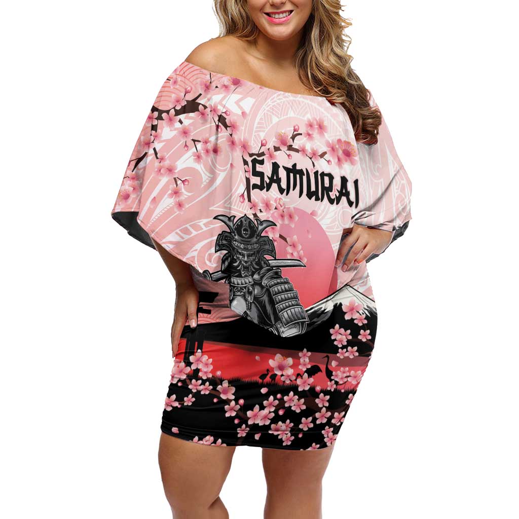 Personalised Japan Samurai Warrior Family Matching Off Shoulder Short Dress and Hawaiian Shirt Japanese Cherry Blossom Polynesian Pattern - Polynesian Pride
