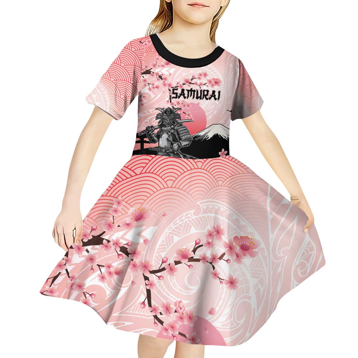 Personalised Japan Samurai Warrior Kid Short Sleeve Dress Japanese Cherry Blossom Polynesian Pattern - Polynesian Pride