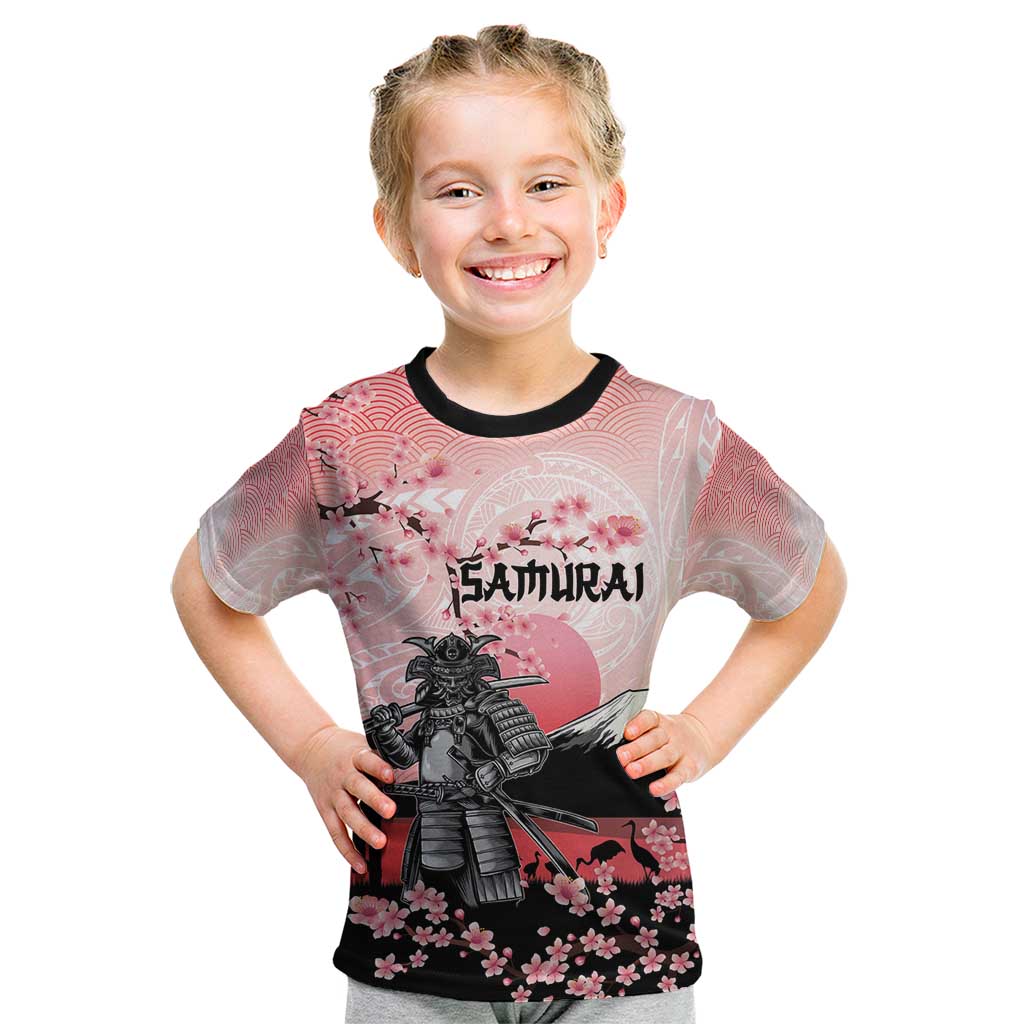 Personalised Japan Samurai Warrior Kid T Shirt Japanese Cherry Blossom Polynesian Pattern LT14 Pink - Polynesian Pride