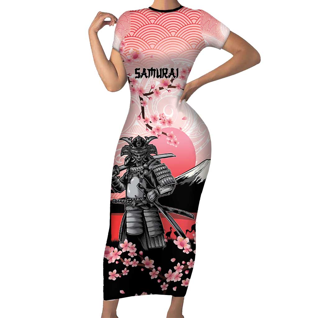 Personalised Japan Samurai Warrior Short Sleeve Bodycon Dress Japanese Cherry Blossom Polynesian Pattern - Polynesian Pride Personalised Japan Samurai Warrior Short Sleeve Bodycon Dress Japanese Cherry Blossom Polynesian Pattern - Polynesian Pride