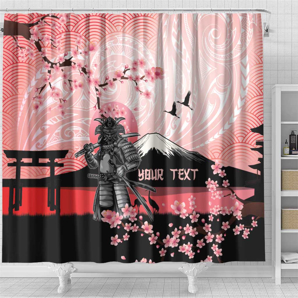 Personalised Japan Samurai Warrior Shower Curtain Japanese Cherry Blossom Polynesian Pattern - Polynesian Pride