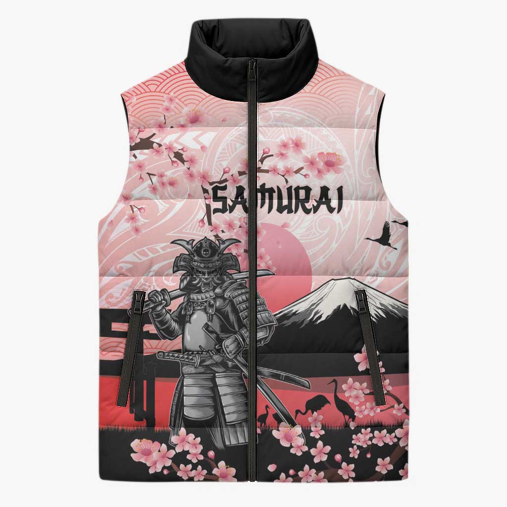 Personalised Japan Samurai Warrior Sleeveless Puffer Jacket Japanese Cherry Blossom Polynesian Pattern - Polynesian Pride