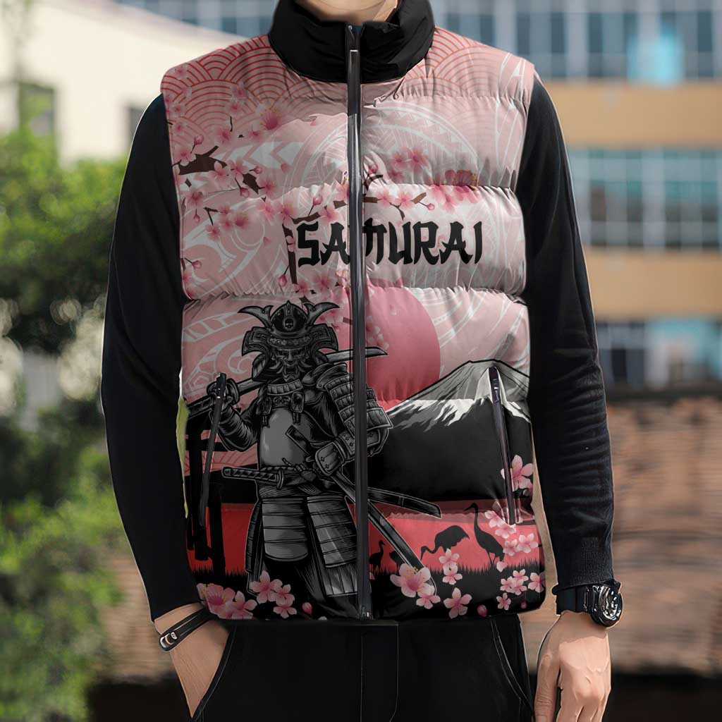 Personalised Japan Samurai Warrior Sleeveless Puffer Jacket Japanese Cherry Blossom Polynesian Pattern - Polynesian Pride