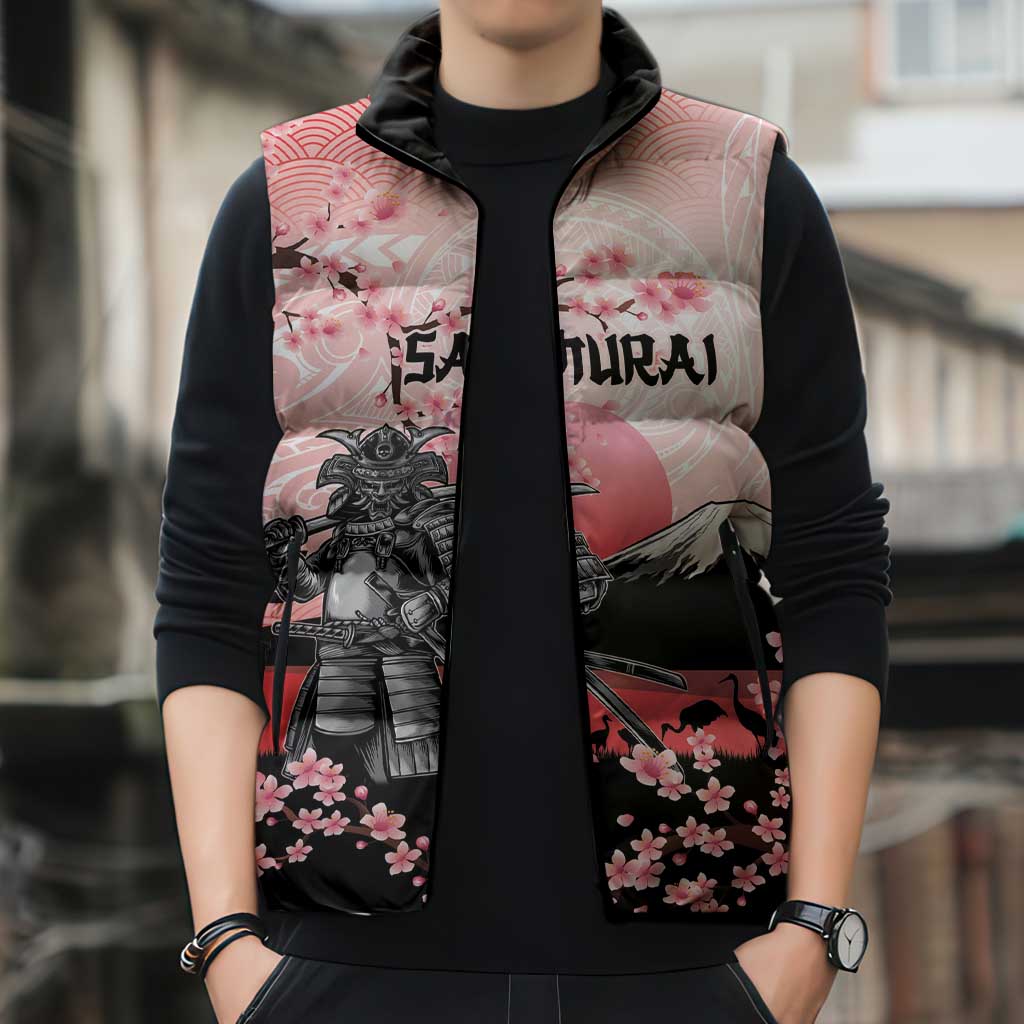 Personalised Japan Samurai Warrior Sleeveless Puffer Jacket Japanese Cherry Blossom Polynesian Pattern - Polynesian Pride