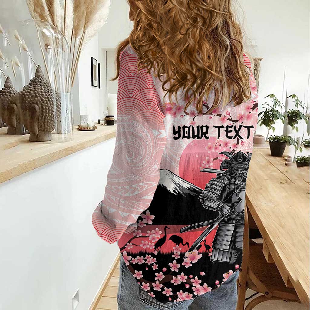 Personalised Japan Samurai Warrior Women Casual Shirt Japanese Cherry Blossom Polynesian Pattern - Polynesian Pride