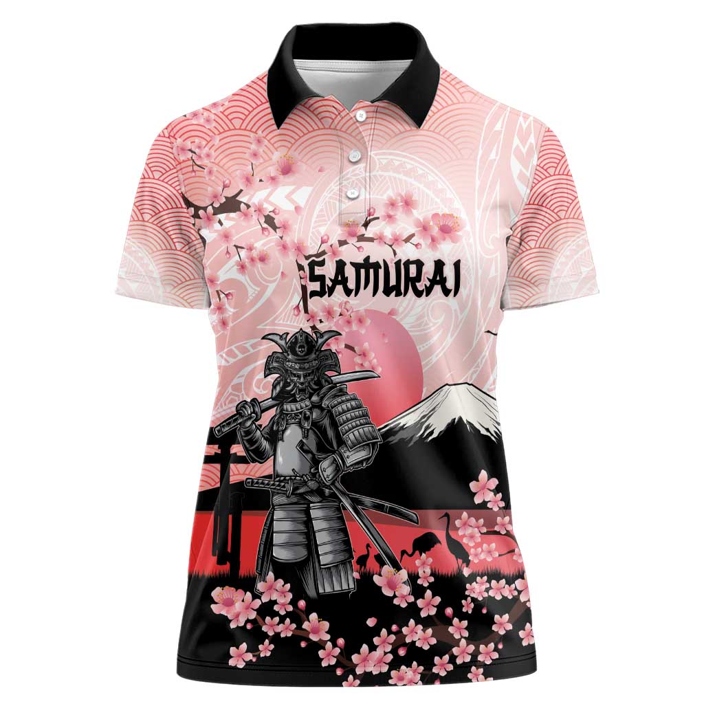 Personalised Japan Samurai Warrior Women Polo Shirt Japanese Cherry Blossom Polynesian Pattern - Polynesian Pride