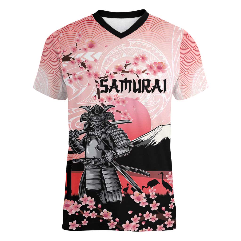Personalised Japan Samurai Warrior Women V-Neck T-Shirt Japanese Cherry Blossom Polynesian Pattern LT14 Female Pink - Polynesian Pride