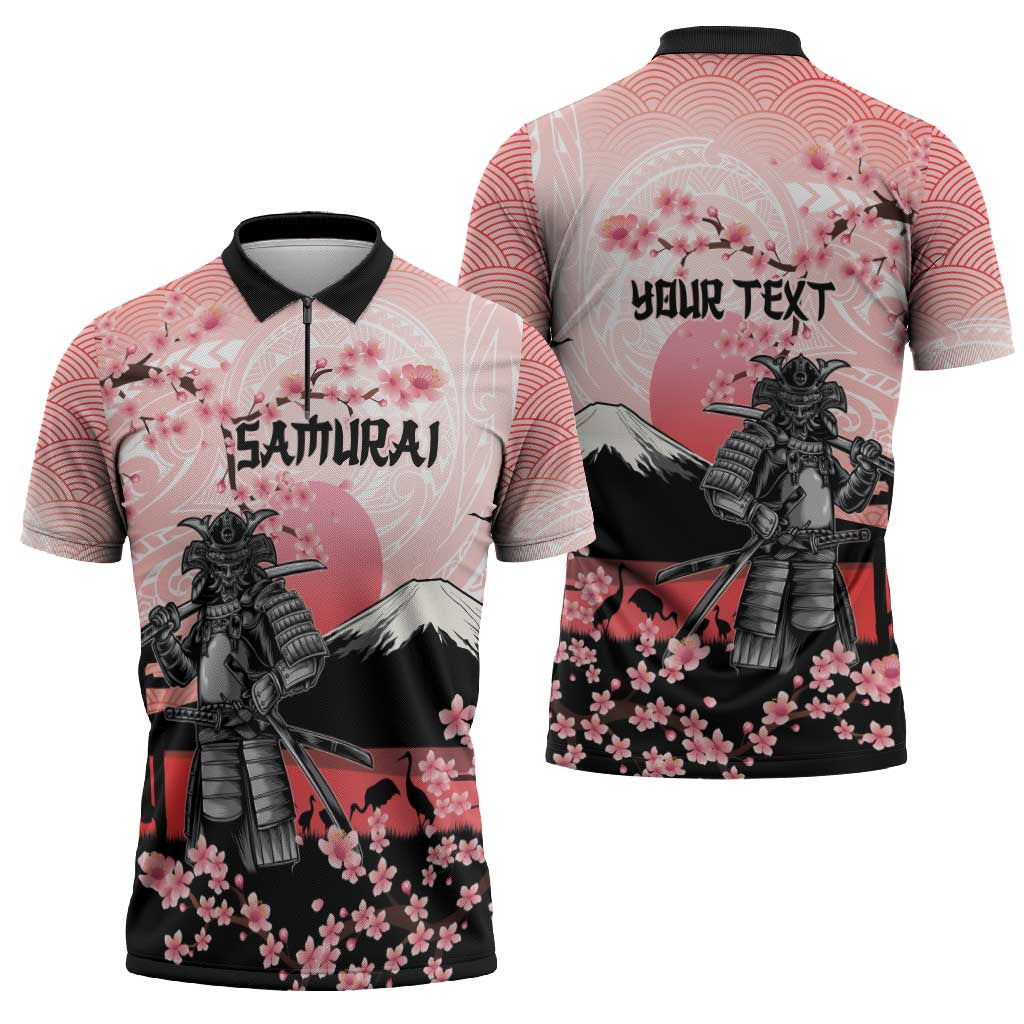 Personalised Japan Samurai Warrior Zipper Polo Shirt Japanese Cherry Blossom Polynesian Pattern - Polynesian Pride