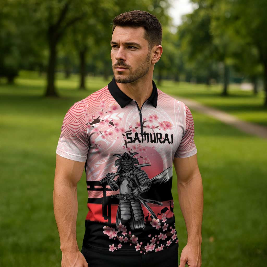 Personalised Japan Samurai Warrior Zipper Polo Shirt Japanese Cherry Blossom Polynesian Pattern - Polynesian Pride