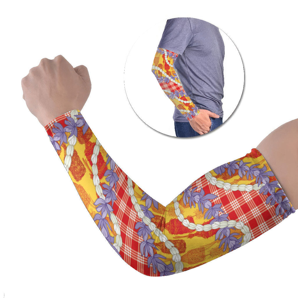 Hawaii Kahili Palaka Motifs Arm Sleeves Hawaiian Honohono Pikake Lei LT14 Set of 2 Red - Polynesian Pride