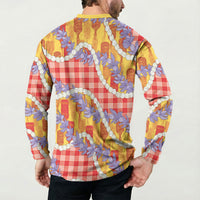 Hawaii Kahili Palaka Motifs Button Sweatshirt Hawaiian Honohono Pikake Lei