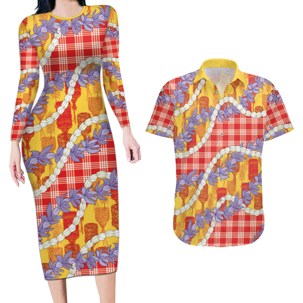 Hawaii Kahili Palaka Motifs Couples Matching Long Sleeve Bodycon Dress and Hawaiian Shirt Hawaiian Honohono Pikake Lei
