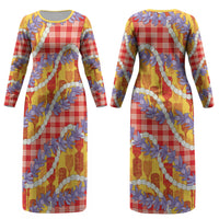Hawaii Kahili Palaka Motifs Couples Matching Long Sleeve Bodycon Dress and Hawaiian Shirt Hawaiian Honohono Pikake Lei LT14 - Polynesian Pride