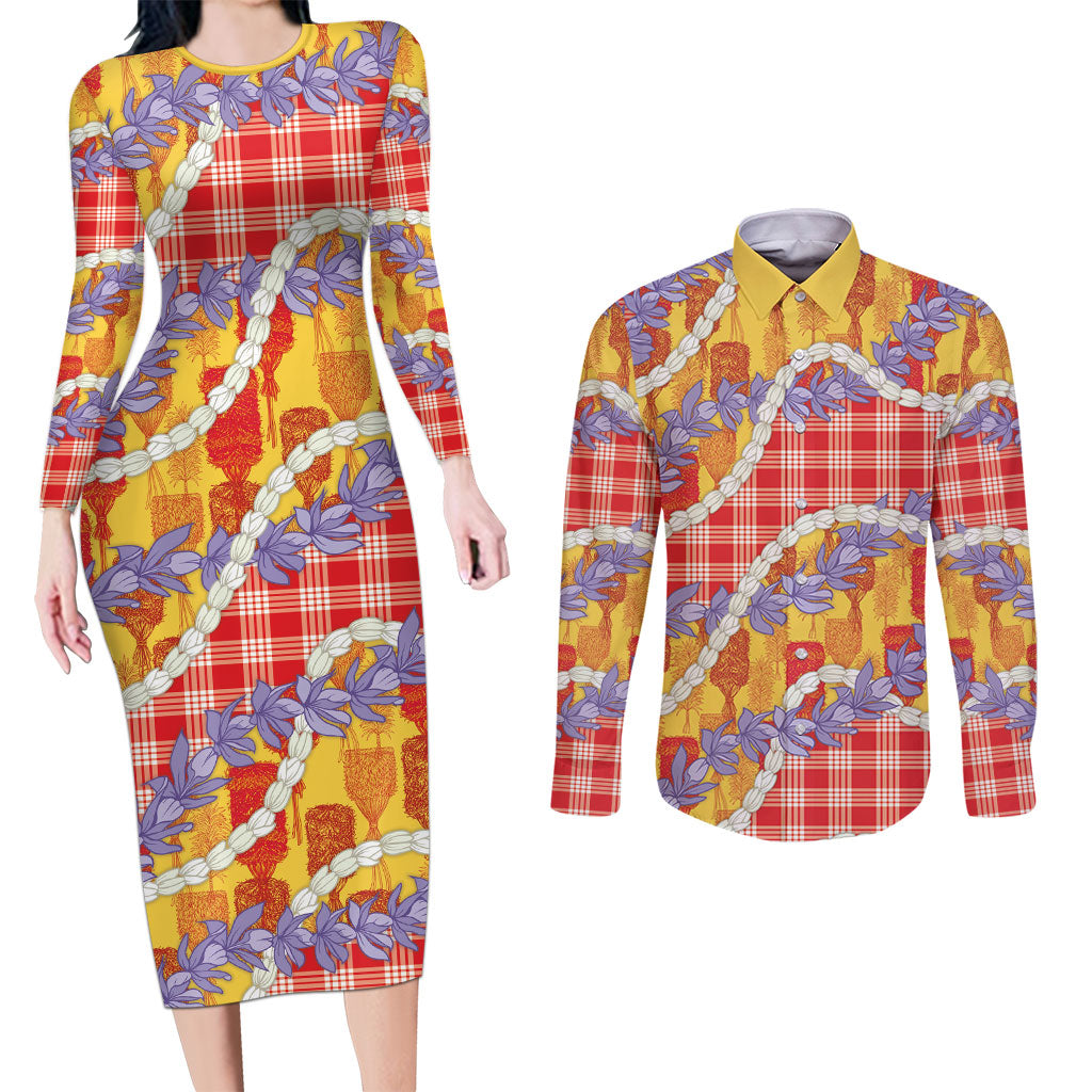 Hawaii Kahili Palaka Motifs Couples Matching Long Sleeve Bodycon Dress and Long Sleeve Button Shirt Hawaiian Honohono Pikake Lei LT14 Red - Polynesian Pride