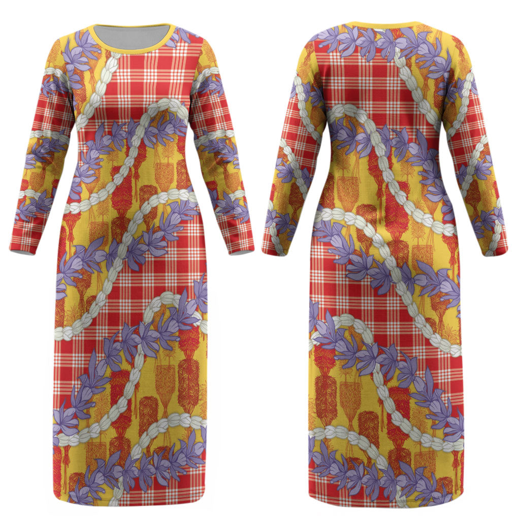 Hawaii Kahili Palaka Motifs Couples Matching Long Sleeve Bodycon Dress and Long Sleeve Button Shirt Hawaiian Honohono Pikake Lei LT14 - Polynesian Pride
