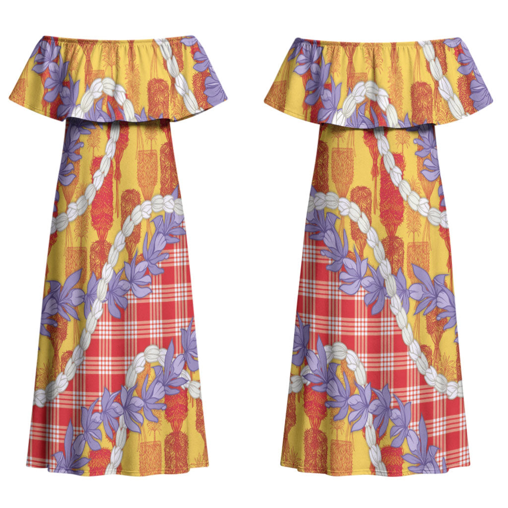 Hawaii Kahili Palaka Motifs Couples Matching Off Shoulder Maxi Dress and Hawaiian Shirt Hawaiian Honohono Pikake Lei LT14 - Polynesian Pride