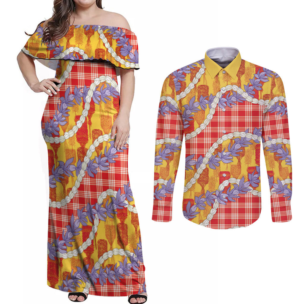 Hawaii Kahili Palaka Motifs Couples Matching Off Shoulder Maxi Dress and Long Sleeve Button Shirt Hawaiian Honohono Pikake Lei LT14 Red - Polynesian Pride