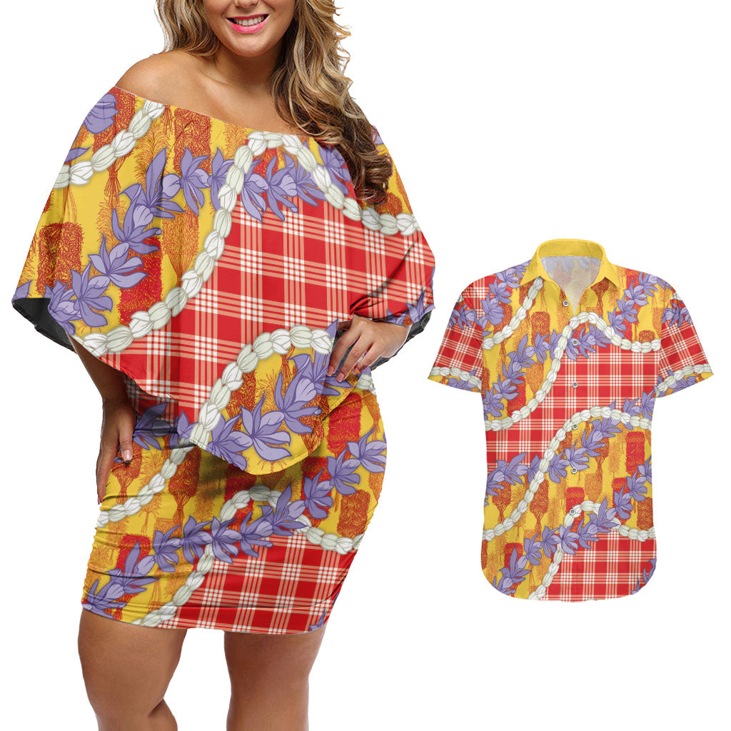 Hawaii Kahili Palaka Motifs Couples Matching Off Shoulder Short Dress and Hawaiian Shirt Hawaiian Honohono Pikake Lei LT14 Red - Polynesian Pride