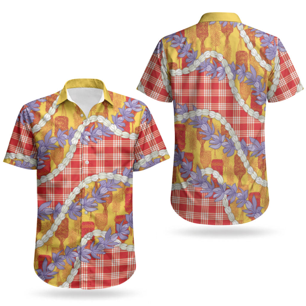 Hawaii Kahili Palaka Motifs Couples Matching Off Shoulder Short Dress and Hawaiian Shirt Hawaiian Honohono Pikake Lei LT14 - Polynesian Pride
