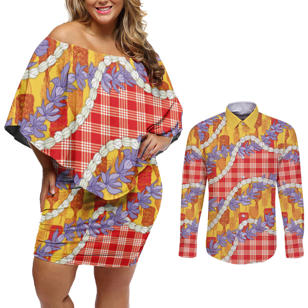 Hawaii Kahili Palaka Motifs Couples Matching Off Shoulder Short Dress and Long Sleeve Button Shirt Hawaiian Honohono Pikake Lei LT14 Red - Polynesian Pride