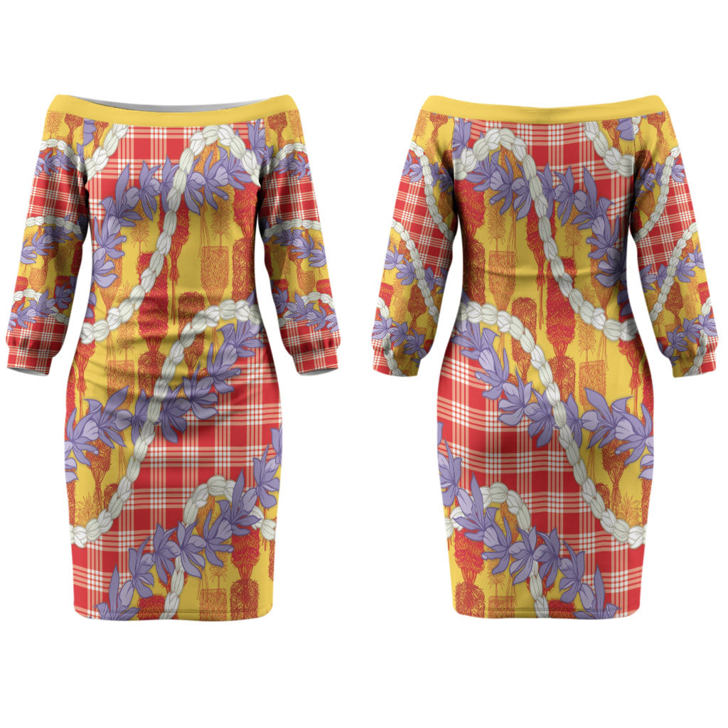 Hawaii Kahili Palaka Motifs Couples Matching Off The Shoulder Long Sleeve Dress and Hawaiian Shirt Hawaiian Honohono Pikake Lei LT14 - Polynesian Pride