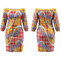 Hawaii Kahili Palaka Motifs Couples Matching Off The Shoulder Long Sleeve Dress and Hawaiian Shirt Hawaiian Honohono Pikake Lei LT14 - Polynesian Pride