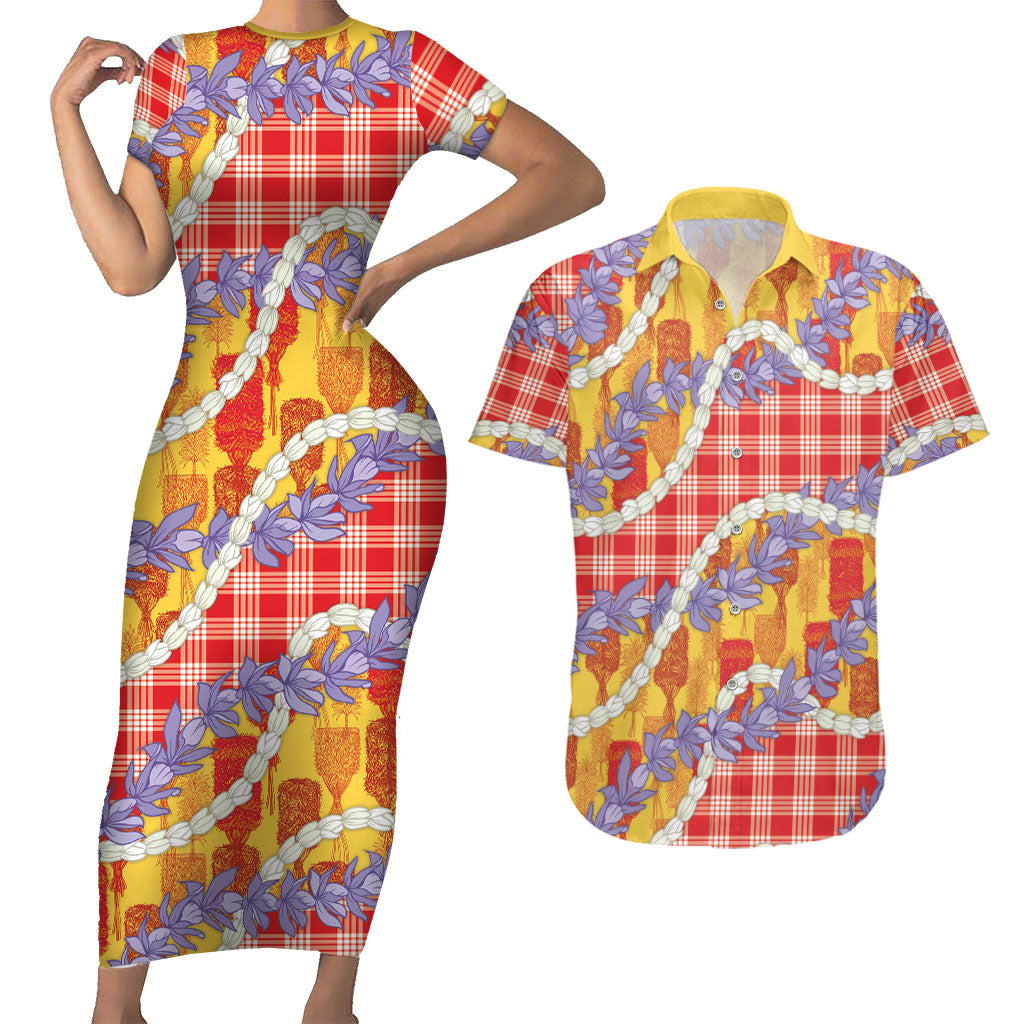 Hawaii Kahili Palaka Motifs Couples Matching Short Sleeve Bodycon Dress and Hawaiian Shirt Hawaiian Honohono Pikake Lei