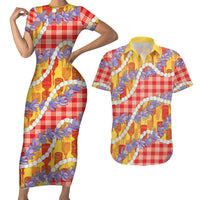 Hawaii Kahili Palaka Motifs Couples Matching Short Sleeve Bodycon Dress and Hawaiian Shirt Hawaiian Honohono Pikake Lei