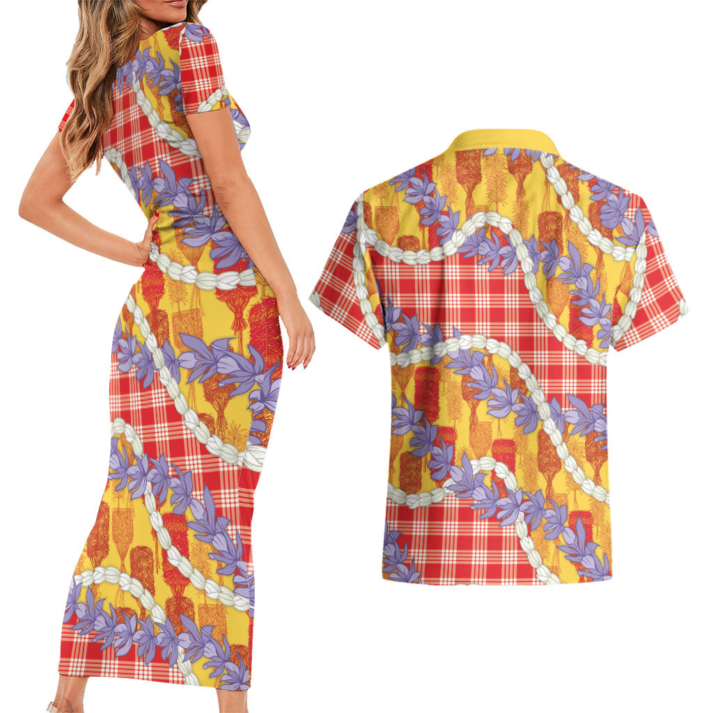 Hawaii Kahili Palaka Motifs Couples Matching Short Sleeve Bodycon Dress and Hawaiian Shirt Hawaiian Honohono Pikake Lei