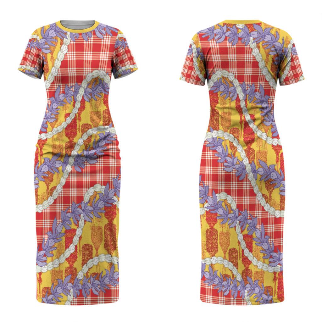 Hawaii Kahili Palaka Motifs Couples Matching Short Sleeve Bodycon Dress and Hawaiian Shirt Hawaiian Honohono Pikake Lei LT14 - Polynesian Pride
