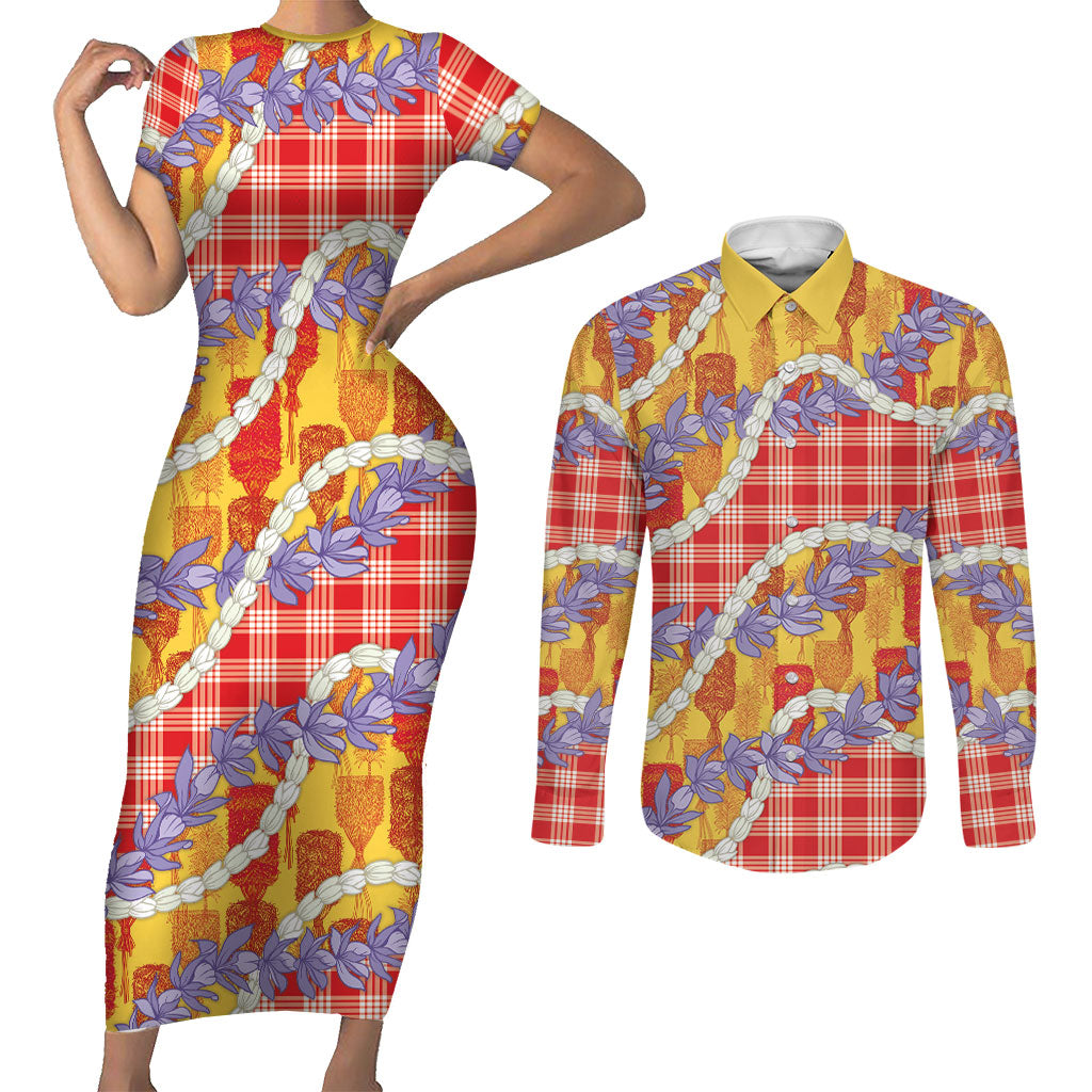 Hawaii Kahili Palaka Motifs Couples Matching Short Sleeve Bodycon Dress and Long Sleeve Button Shirt Hawaiian Honohono Pikake Lei LT14 Red - Polynesian Pride