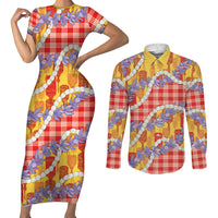 Hawaii Kahili Palaka Motifs Couples Matching Short Sleeve Bodycon Dress and Long Sleeve Button Shirt Hawaiian Honohono Pikake Lei